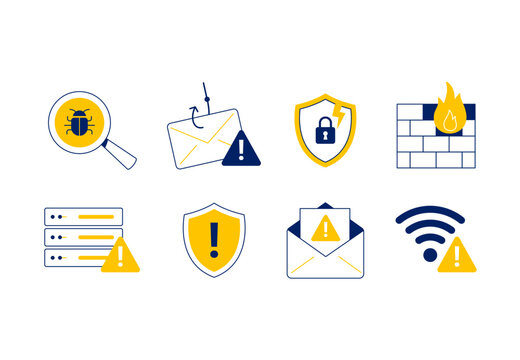 Cybersecurity icons set with phishing detection, malware alerts, firewall protection, secure servers, email security, and network threat monitoring. Vector flat illustrations on a white background.
