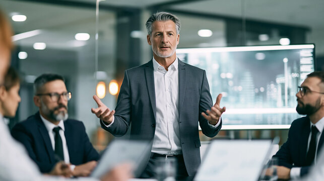 Mature businessman leading a business presentation, gesturing with hands while addressing diverse colleagues in a modern office meeting room