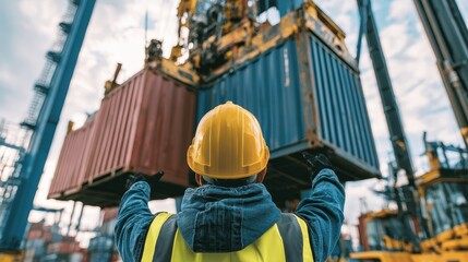 Fototapeta premium Back view of a logistics coordinator ensuring stock container being lifted at shipping port front view Cargo handling efficiency.