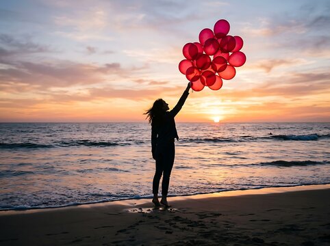 Woman holding a bunch of red balloons on a beach at sunset with the ocean and sky in the background