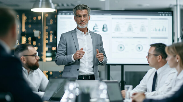 Confident mature man leading a business presentation in a modern office, sharing financial insights and strategy with colleagues