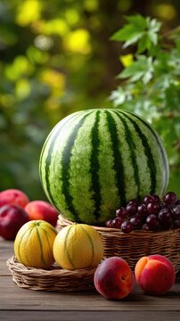 Collection of fresh fruits on a wooden table with a large watermelon, small melons, grapes, and peaches under natural daylight outdoors