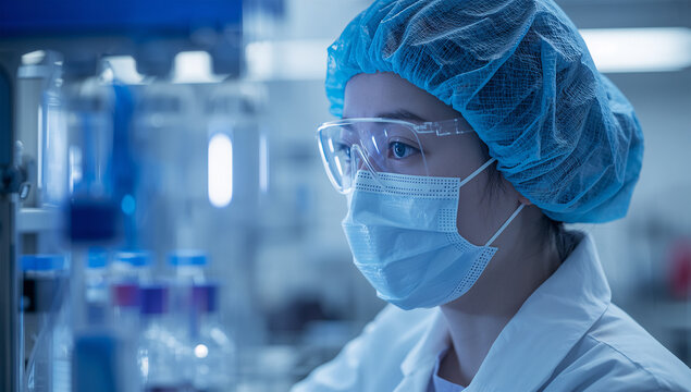 感染症研究室で検体を確認する日本人女性研究者の写真
