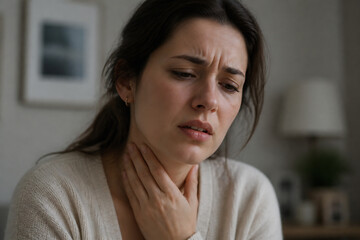 Fototapeta premium A young woman with a pained expression is clutching her throat indoors.