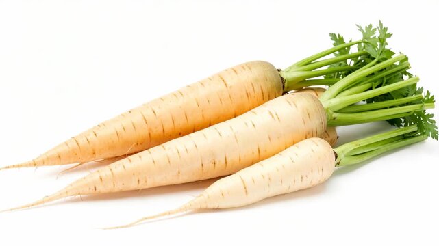 Fresh white carrots with green tops lie on a white background. The carrots are smooth and tapered, with slight ridges. They appear crisp, with vibrant green stems