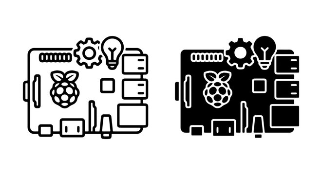 Raspberry Pi Computer Icons, Microcontroller Circuit Board Symbols, Technology Hardware Vector Graphics Set