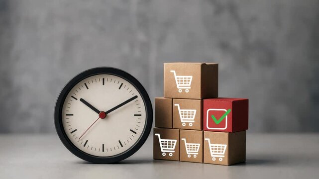 supply chain management logistics risk management. Concept of time management and online shopping with clock and cardboard boxes with shopping cart icons
