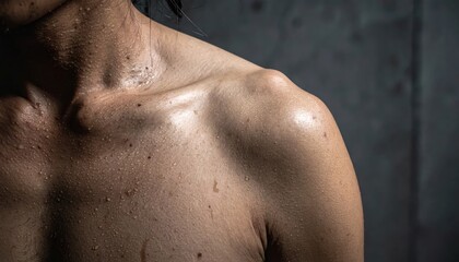 Fototapeta premium Close-up of a Sweaty Mans Shoulder and Neck After Intense Workout.