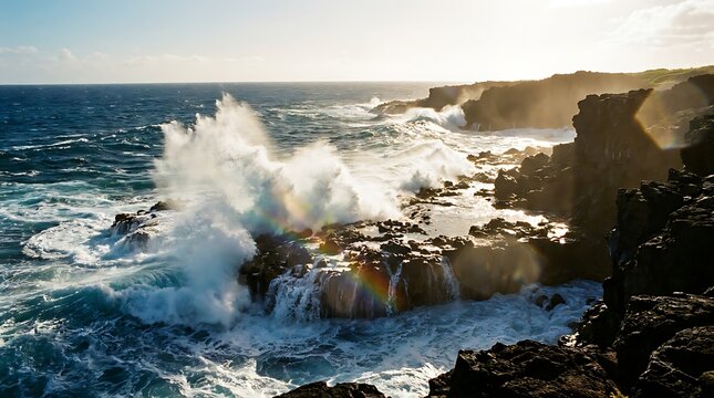 Ocean waves crash against rugged volcanic rocks on a sun-drenched coastline, creating a dramatic natural spectacle