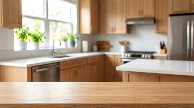 Light Wood Table Surface with Blurred Modern White Kitchen Window Background for Product Showcase Mockup Surface