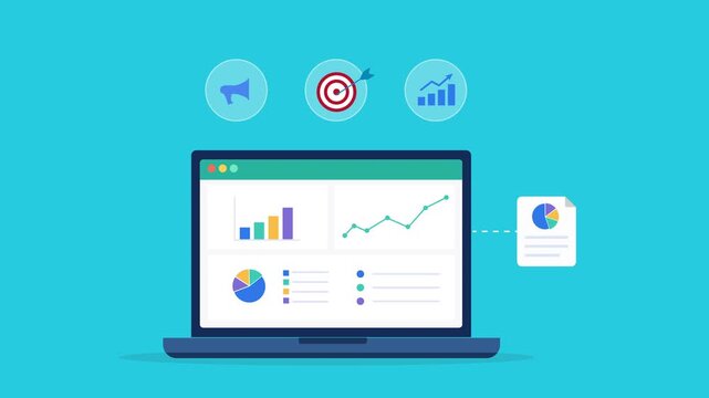 Modern flat vector animation featuring an analytics dashboard with social media, audience engagement, and performance monitoring icons. Ideal for digital marketing, campaign reporting, growth tracking