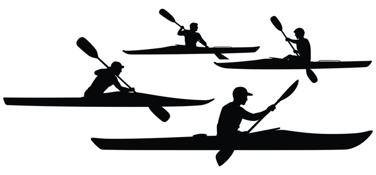 Kayaks And Paddlers Silhouette Against A White Background