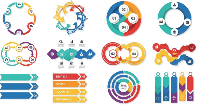 Infographics featuring circular charts and arrow diagrams provide a visual way to display business data.