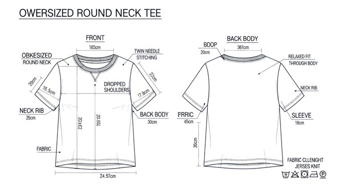 Oversized round neck t-shirt technical sketch with measurements
