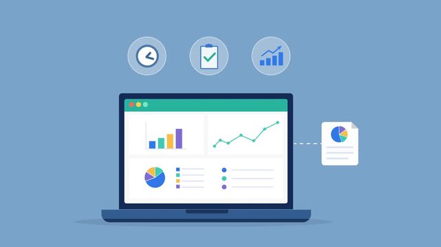 Modern flat vector animation featuring an analytics dashboard with time management, task completion, and performance monitoring icons. Ideal for productivity tracking, workflow optimization, project 