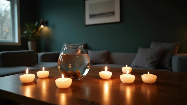 Candles glow softly on a wooden table. Glass bowl holds water and small fish. Dark green walls frame a cozy living space. Soft light casts warm reflections. Sofa and plant add quiet comfort