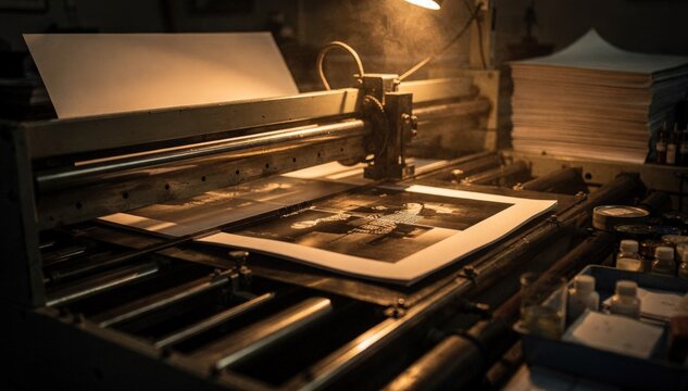Automated cutting machine slicing photographic paper in a darkroom set with a soft amber safelight emphasizing technology in film development processes.