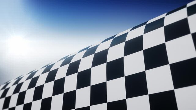 Checkered flag finish line surface with blue sky and copy space as a seamless loop animation, alpha channel version included, 3D motorsport background for racing broadcast and event content 16:9