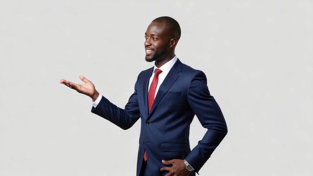 A young African businessman wearing a suit and tie stands against a white background with his arm outstretched as if inviting the viewer to join him. He is smiling and appears confident.