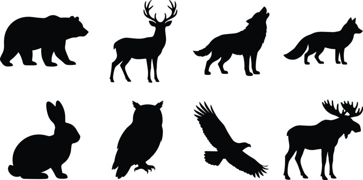 Collection of black silhouette forest animal vector icons featuring bear deer howling wolf fox rabbit owl flying eagle and moose for graphic design