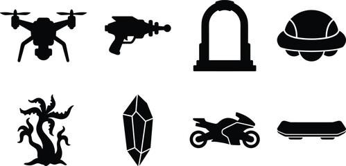 Set of black silhouette futuristic science fiction vector icons featuring drone laser gun portal UFO alien plant crystal motorcycle and hoverboard © Rina