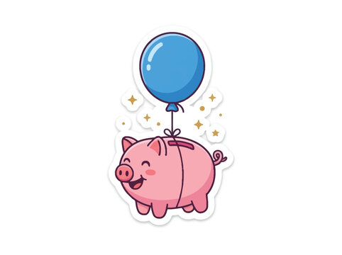 A cute, smiling pink piggy bank is floating in the air, tethered to a bright blue balloon.