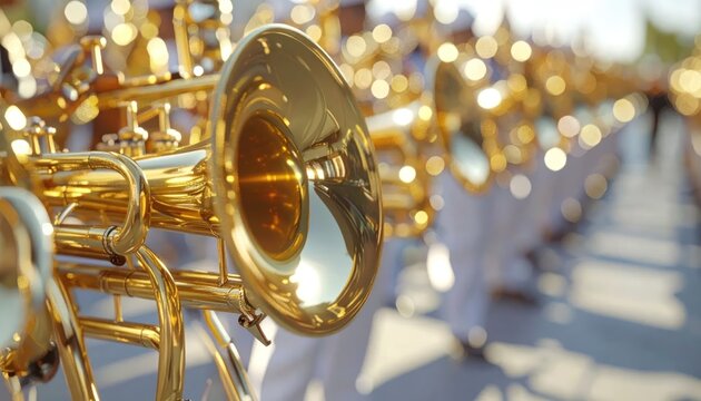 Close-up of Brass Instruments in a Marching Band Formation.