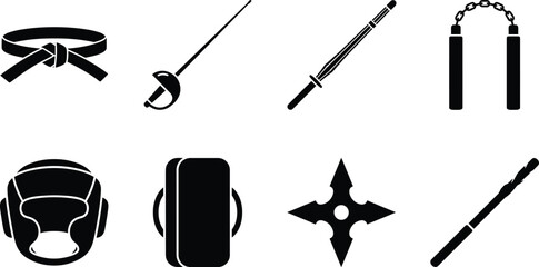 Black silhouette martial arts and combat sports vector icon collection featuring karate belt fencing sword nunchaku headgear ninja star and training gear © Rina