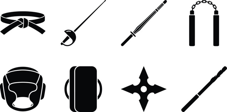 Black silhouette martial arts and combat sports vector icon collection featuring karate belt fencing sword nunchaku headgear ninja star and training gear