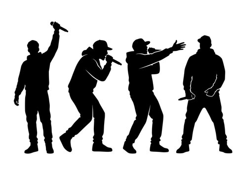 Rappers' Silhouette Performance: A dynamic silhouette of four rappers performing on stage, holding microphones and embodying the energy of a live music event.