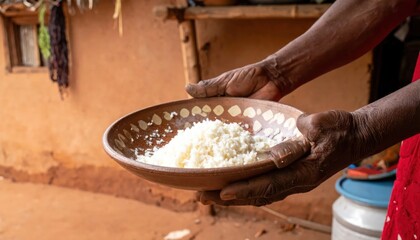 Fototapeta premium Close-up of hands holding a bowl of white food, possibly rice or flour, in a rustic setting.