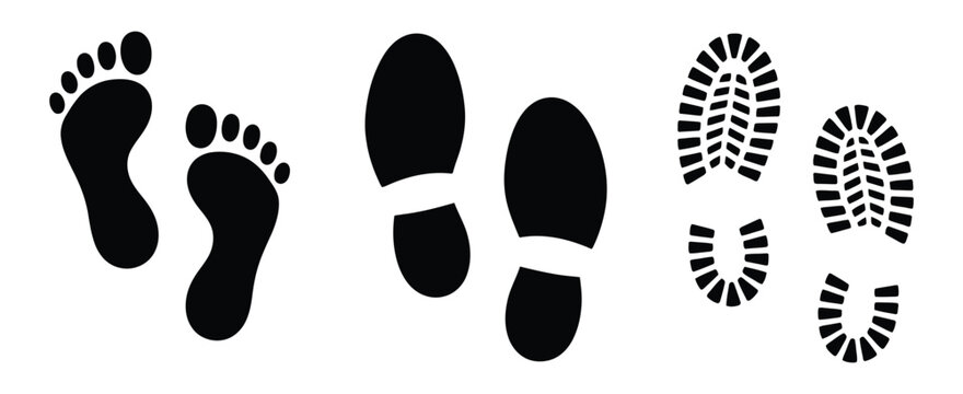 Shoe and barefoot footprint set, shoe sole prints and bare foot impressions, walking track marks, human step imprints vector design elements.