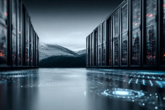 Impressive Data Center Infrastructure with Massive Server Racks Set Against a Majestic Mountain View