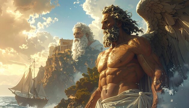 Divine winged man, elder, ship, clouds