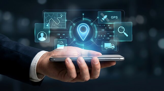 Hand holding a smartphone projecting a glowing GPS tracking hologram for logistics, navigation, and delivery route optimization planning.