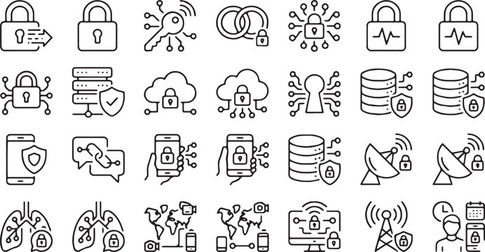 ​Cyber Security Data Protection, Proxy Server Network Encryption, and Healthcare Device Privacy Compliance Vector Line Icons Set