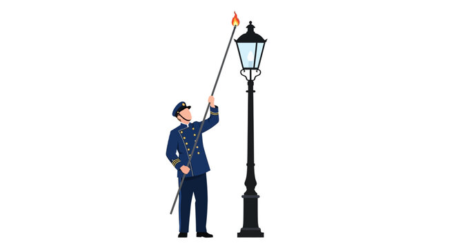 Lamplighter in Uniform Lighting Old Gas Lamp with Pole on White Background