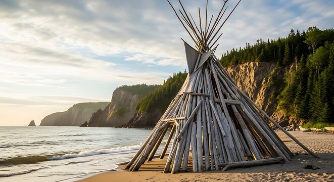 Rustic wooden tipi structure stands on sandy shoreline at golden hour near majestic cliffs