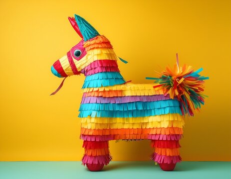 pinata with colorful ribbons bright yellow background