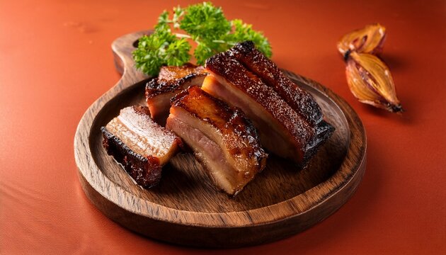 pork belly burnt ends on a wooden platter