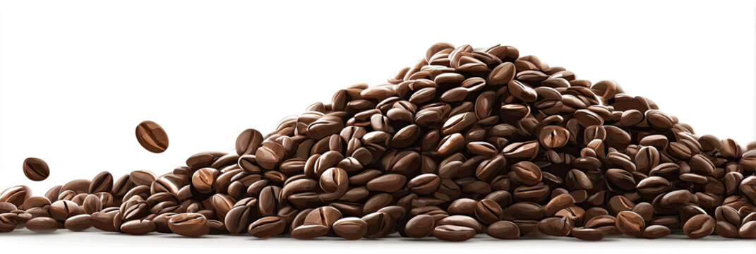 A large pile of roasted coffee beans, with some scattered on the left