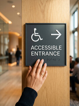 Accessibility Inclusion Equality, accessible entrance sign concept, wheelchair access guidance in public building, disability rights and barrier free environment