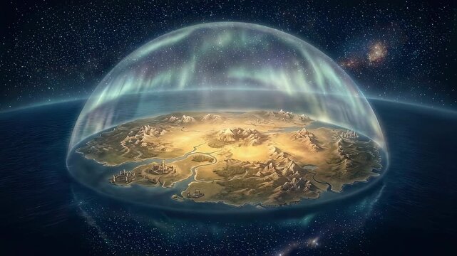 Flat earth supported by a dome under a starry sky. Conceptual artistic rendering of the biblical world creation. Sacred geometry and landscape of origin myth.