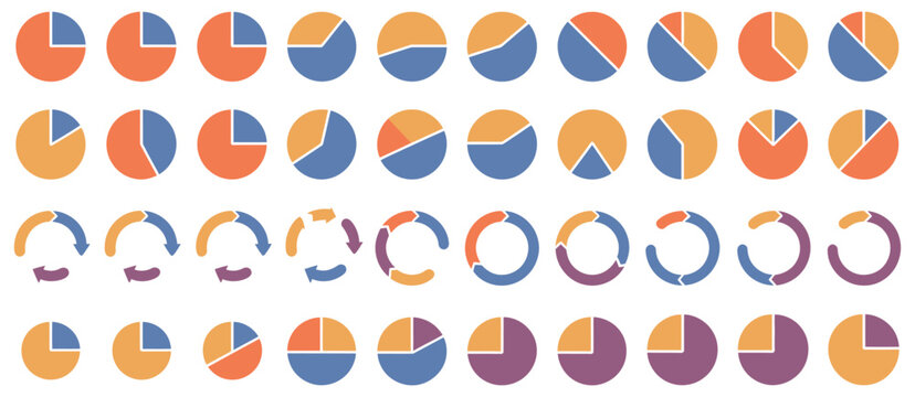 Pie charts, colorful circular infographic charts with varying segments, donut and pie graph elements set for business data visualization, analytics design.