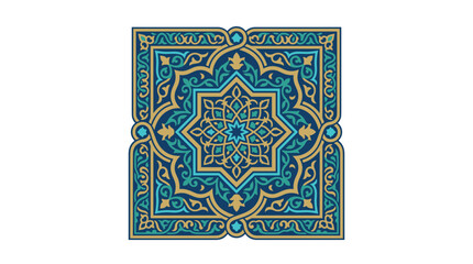 Intricate Islamic geometric pattern tile in blue and gold.