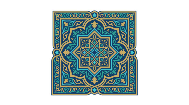 Intricate Islamic geometric pattern tile in blue and gold.