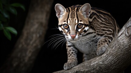 Obraz premium Close-up portrait of a wild feline climbing a tree branch