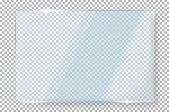 Realistic transparent rectangular glass plate vector isolated on checkered background. Clean glossy acrylic plastic panel template with blue tint, soft reflections, and bright glares for graphic web d