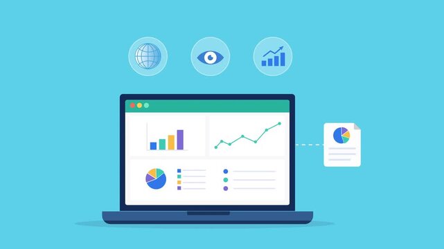 Modern flat vector animation featuring an analytics dashboard with global visibility, audience insights, and performance monitoring icons. Ideal for website analytics, business intelligence, reporting