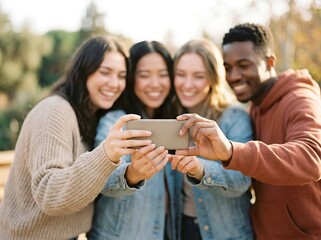 Fototapeta premium Four friends of diverse ethnicities looking at a smartphone together, sharing a laugh outdoors